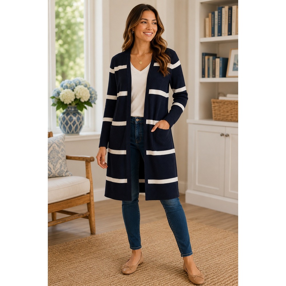 Talbots XS Navy White Striped Open Front Longline Cardigan Button Cuff Ribbed - Picture 9 of 9